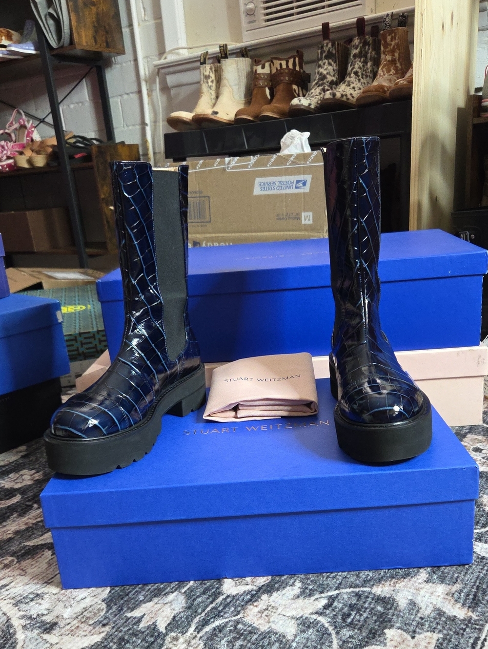 Stuart Weitzman Navy Croc-Embossed Platform Lace-Up Boots